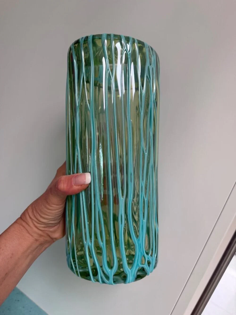 Murano Handblown Translucent Vase With Melted Threads Green Aqua Vintage
